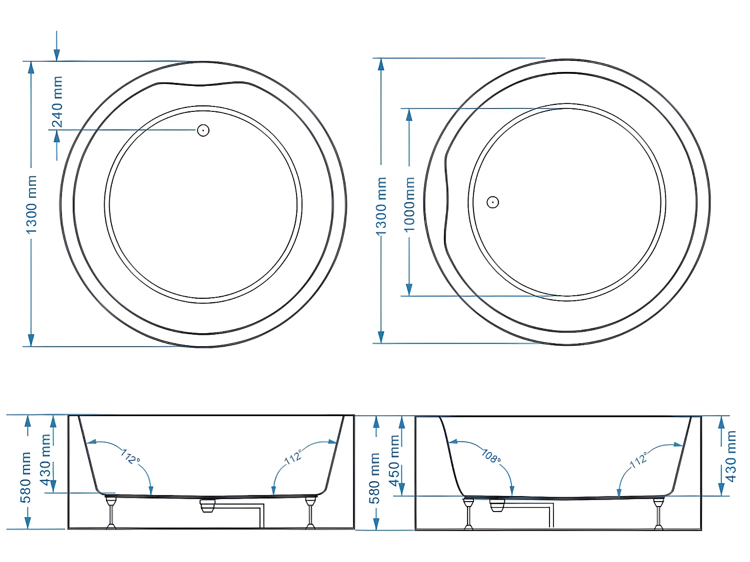 Baignoire îlot ronde - 165L - 130 x 130 x 58 cm - Blanche - Acrylique - LAGUNO