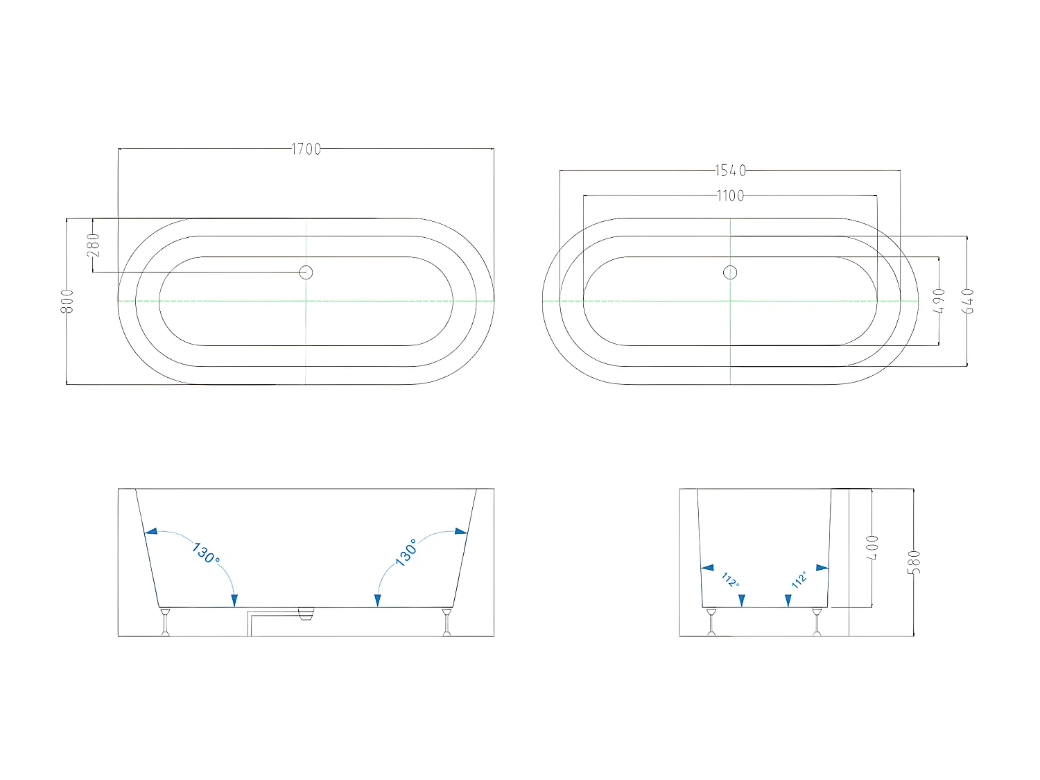 Freistehende Badewanne oval - 200 L - 170 x 80 x 58 cm - Acryl - Schwarz - NEPTUNA