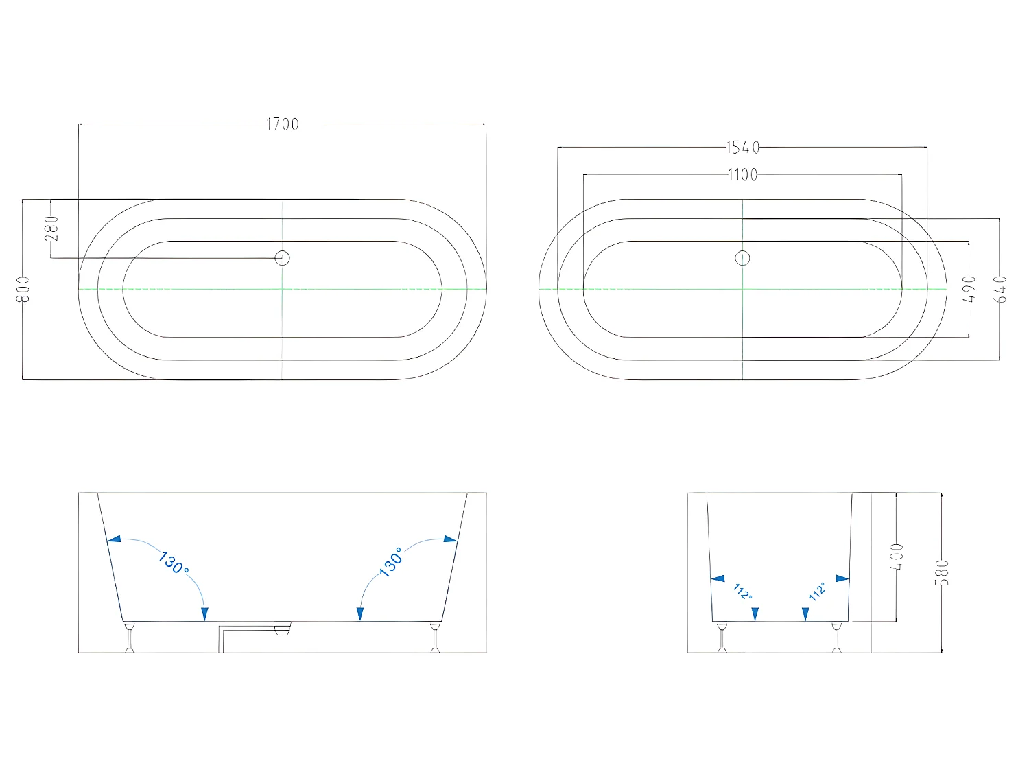 Bañera exenta ovalada - 200 L - 170 x 80 x 58 cm - Blanco - Acrílico - NEPTUNA