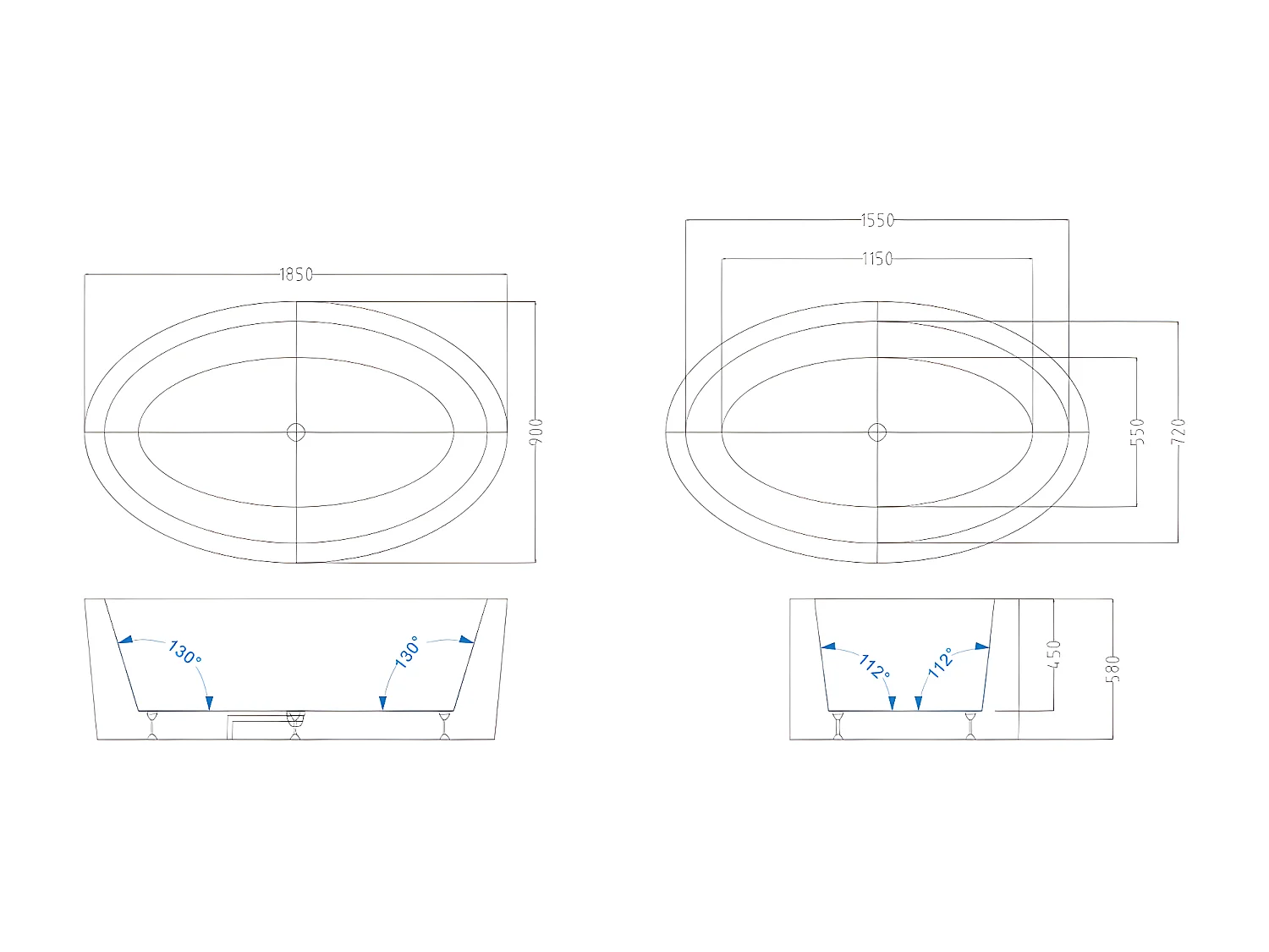 Freistehende Badewanne oval - 251 L - 185 x 90 x 58 cm - Acryl - Weiß - MARMATI