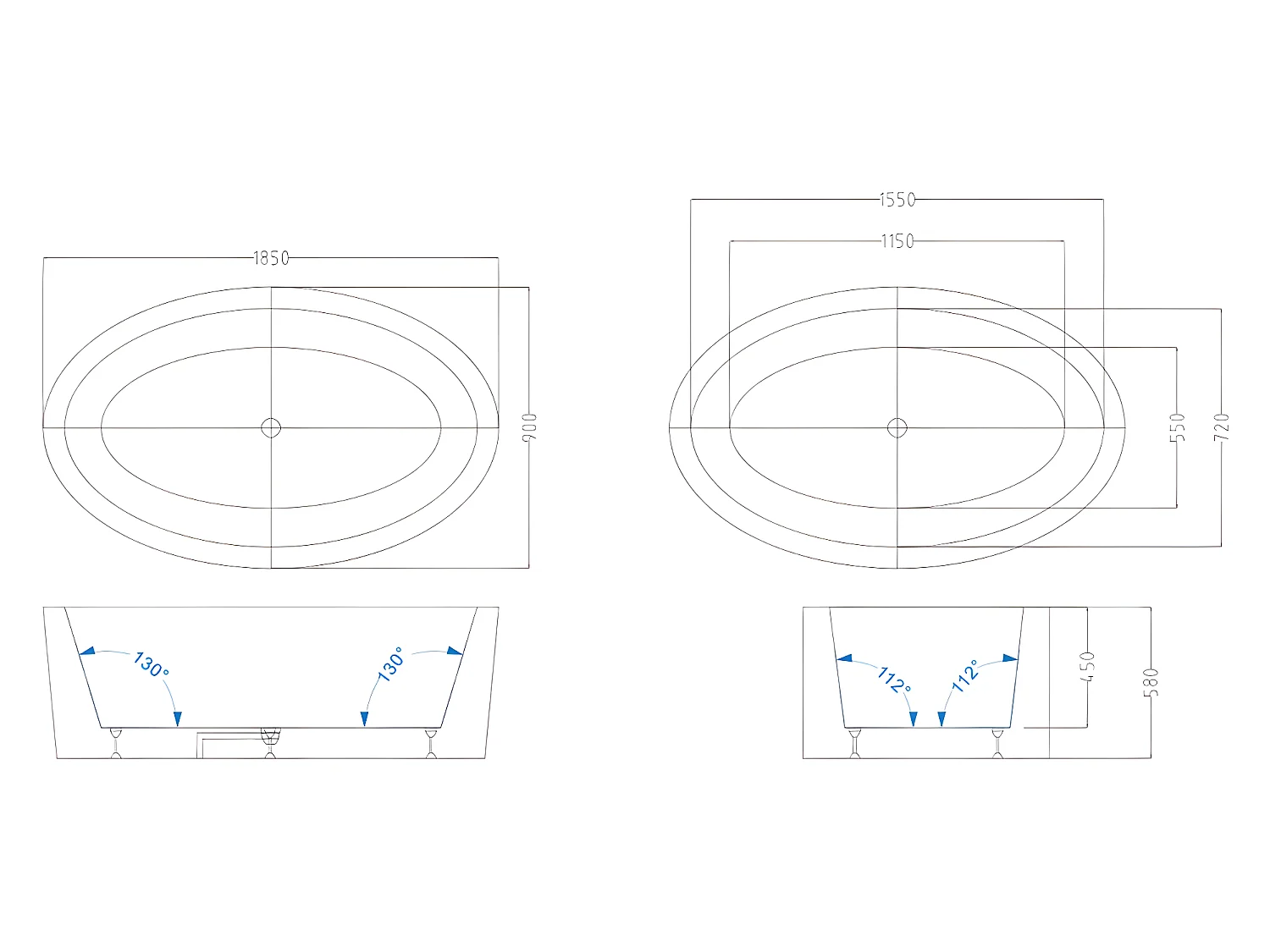 Ovaal vrijstaand bad - 251 L - 185 x 90 x 58 cm - Zwart - Acryl - MARMATI