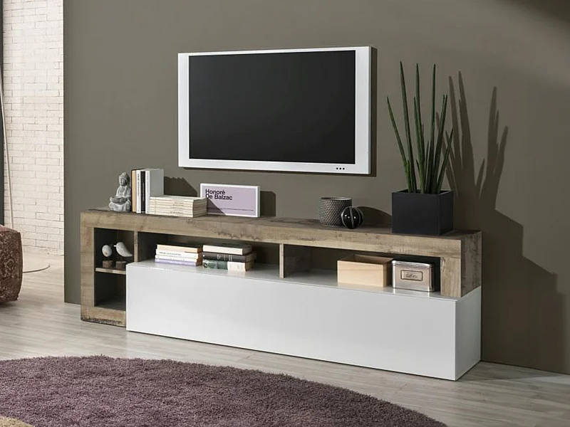 Móvel de TV com 1 porta e 4 nichos lacado a branco e carvalho - SEFRO