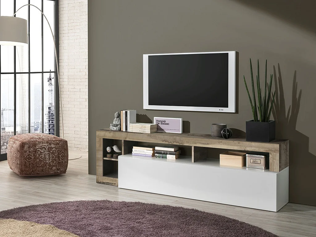 Meuble TV SEFRO - 1 porte et 4 niches - Blanc laqué et chêne