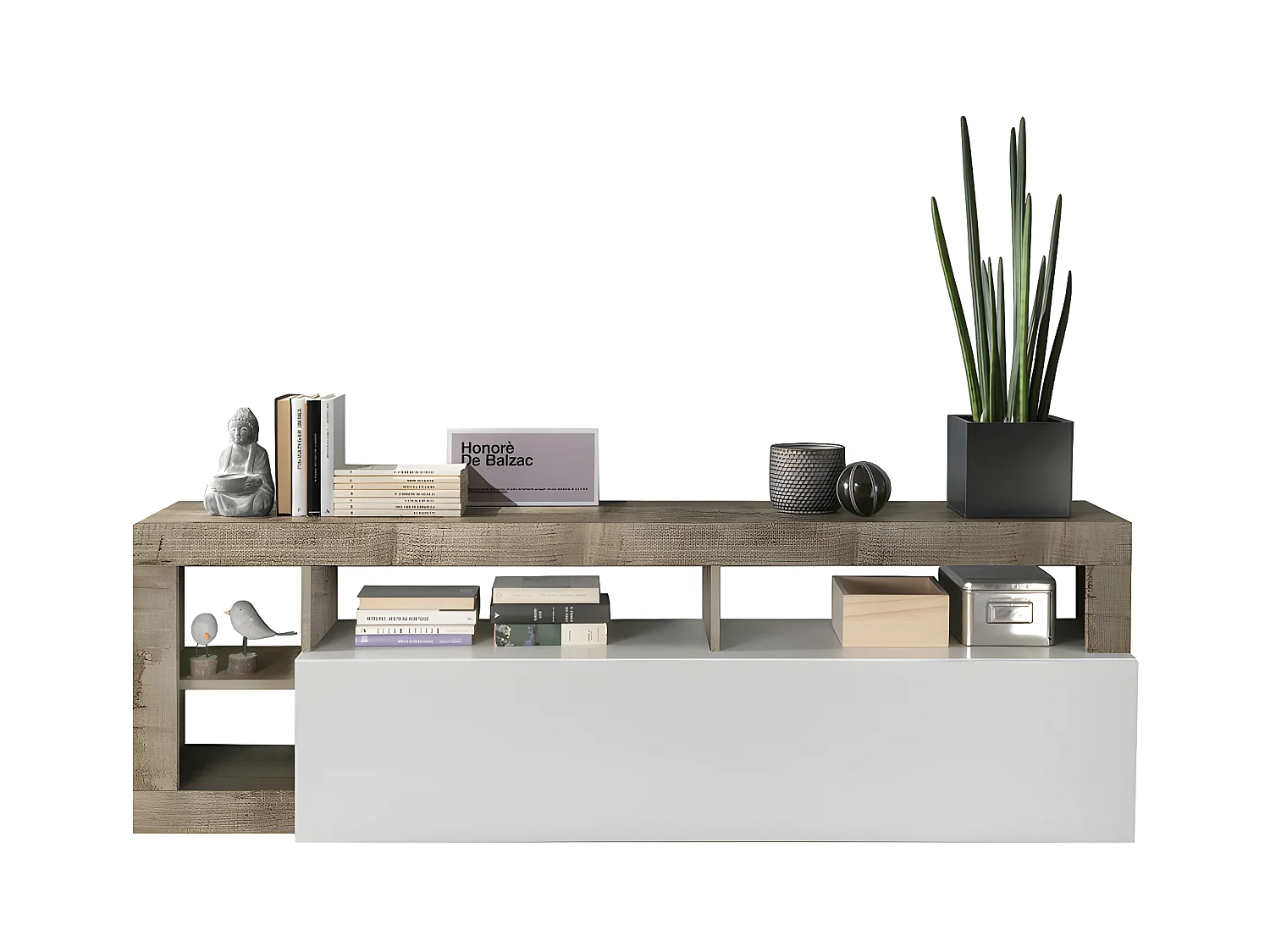 Mueble TV SEFRO - 1 puerta y 4 estantes - Blanco lacado y roble