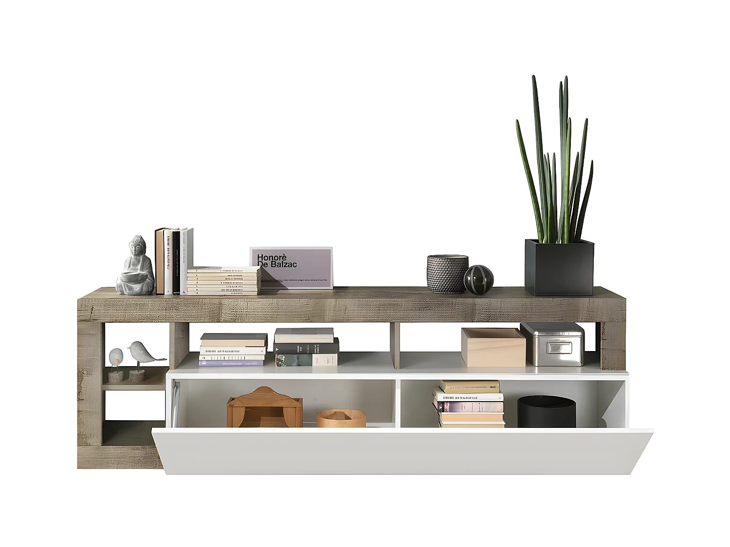 Mueble TV SEFRO - 1 puerta y 4 estantes - Blanco lacado y roble
