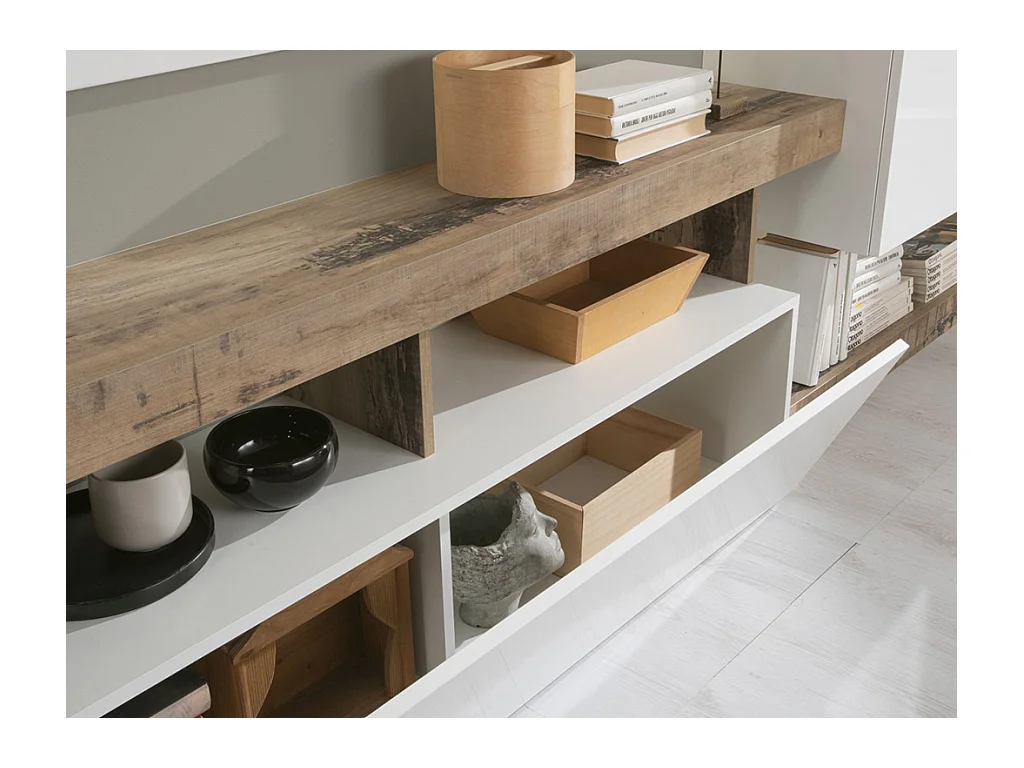Mueble TV SEFRO - 1 puerta y 4 estantes - Blanco lacado y roble