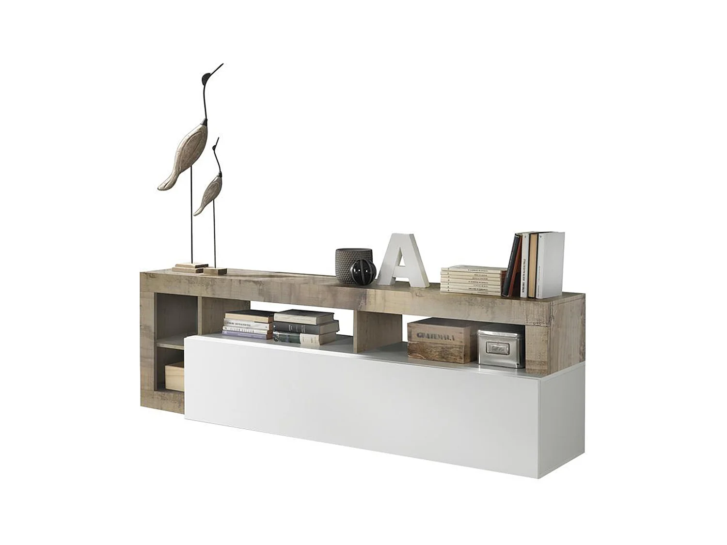 Mueble TV SEFRO - 1 puerta y 4 estantes - Blanco lacado y roble