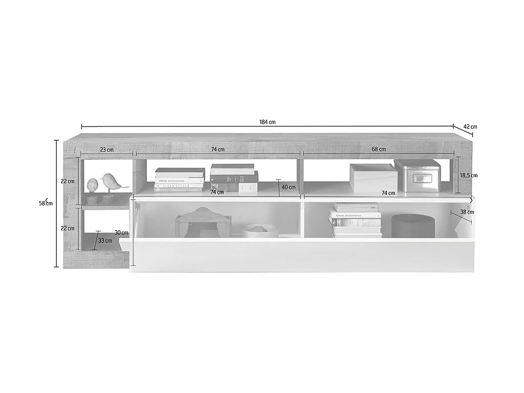 Meuble TV SEFRO - 1 porte et 4 niches - Blanc laqué et chêne