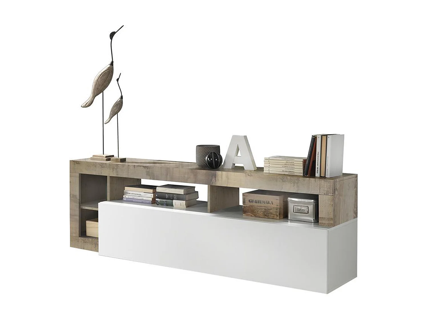 Mueble TV SEFRO - 1 puerta y 4 estantes - Blanco lacado y roble