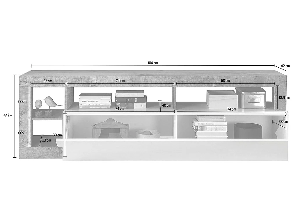 Mueble TV SEFRO - 1 puerta y 4 estantes - Blanco lacado y roble