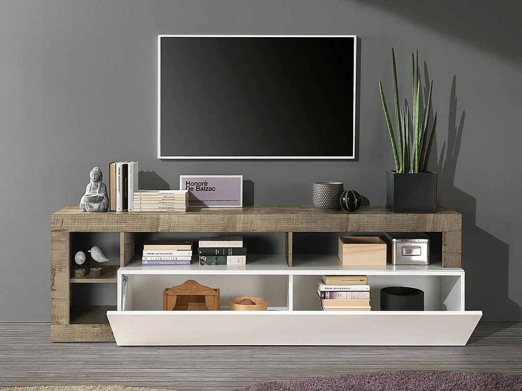 Mueble TV SEFRO - 1 puerta y 4 estantes - Blanco lacado y roble