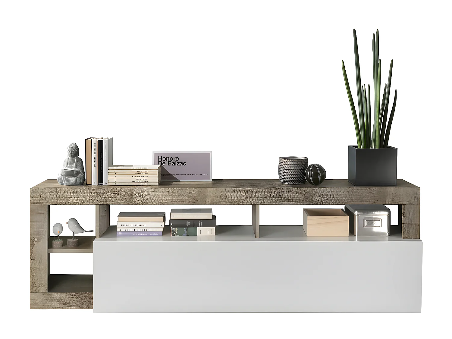 Mueble TV SEFRO - 1 puerta y 4 estantes - Blanco lacado y roble