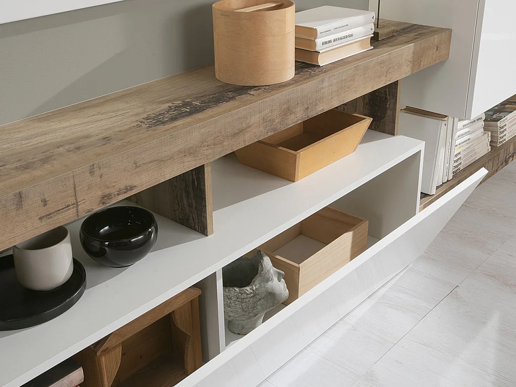 Mueble TV SEFRO - 1 puerta y 4 estantes - Blanco lacado y roble