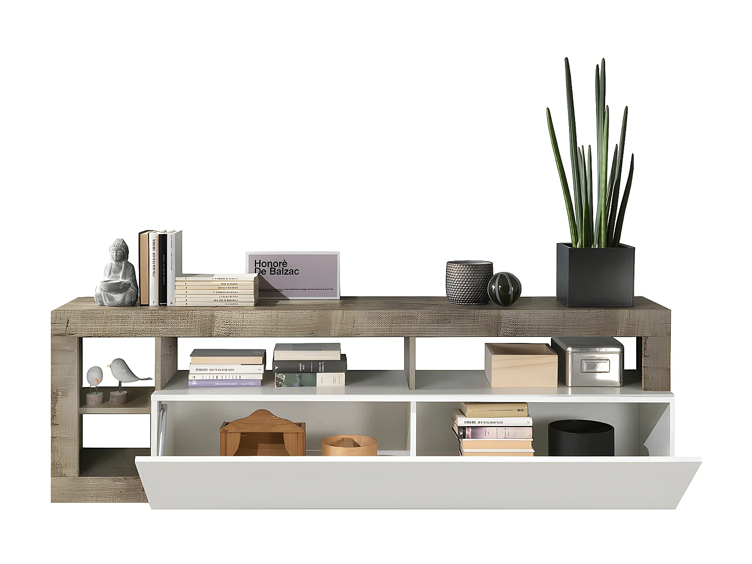 Mueble TV SEFRO - 1 puerta y 4 estantes - Blanco lacado y roble