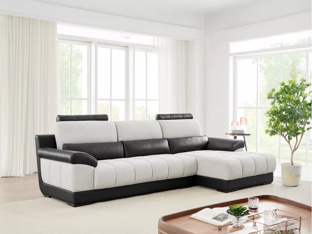 Kauf Unique Ecksofa - Ecke Rechts - Stoff & Leder - Schwarz & Cremefarben - ARAGON