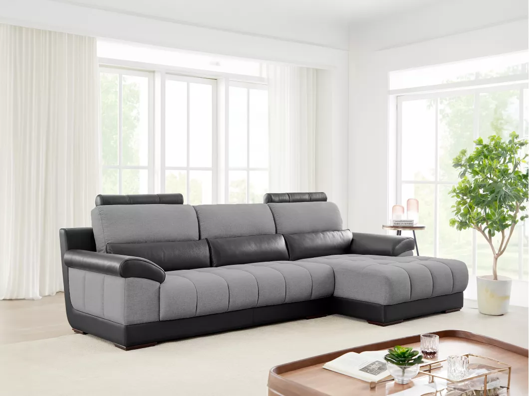 Kauf Unique Ecksofa - Ecke Rechts - Stoff & Leder - Schwarz & Grau - ARAGON