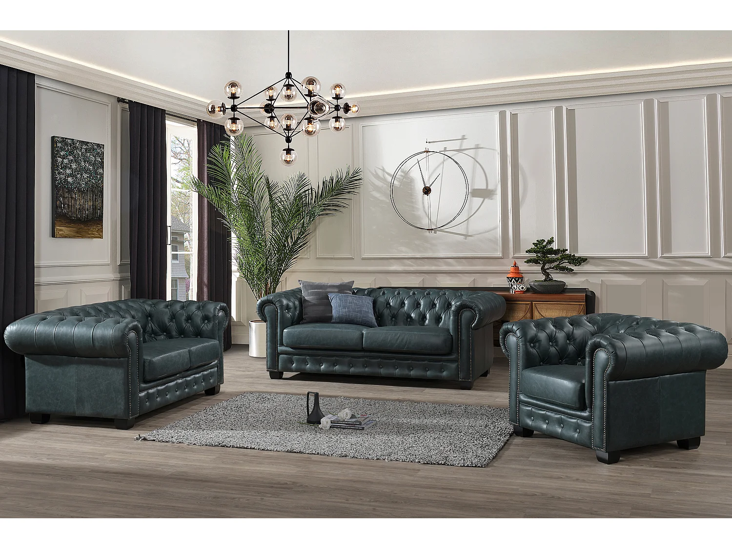 Chesterfieldsoffa 2-sits BRENTON 100% premium buffelläder - Grågrön