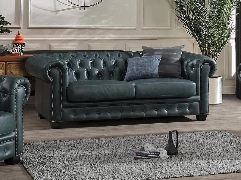 Chesterfieldsoffa 2-sits BRENTON 100% premium buffelläder - Grågrön
