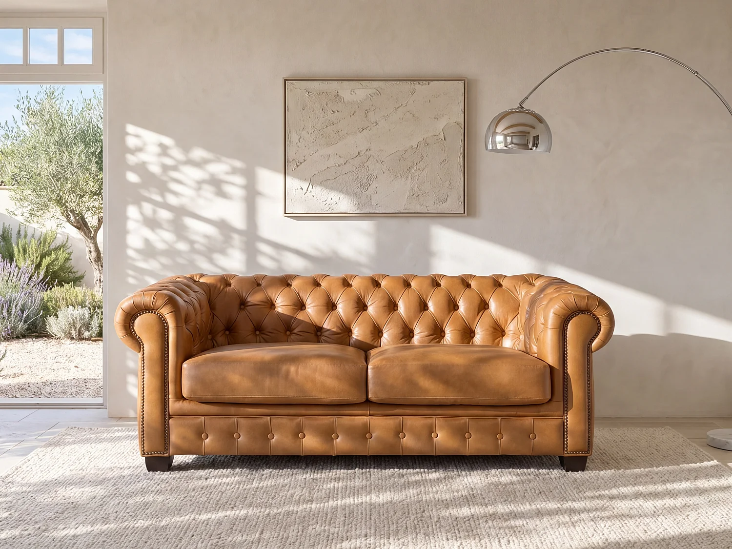 Kanapa 3-osobowa typu chesterfield ze 100% skóry bawolej w kolorze karmelowym vintage