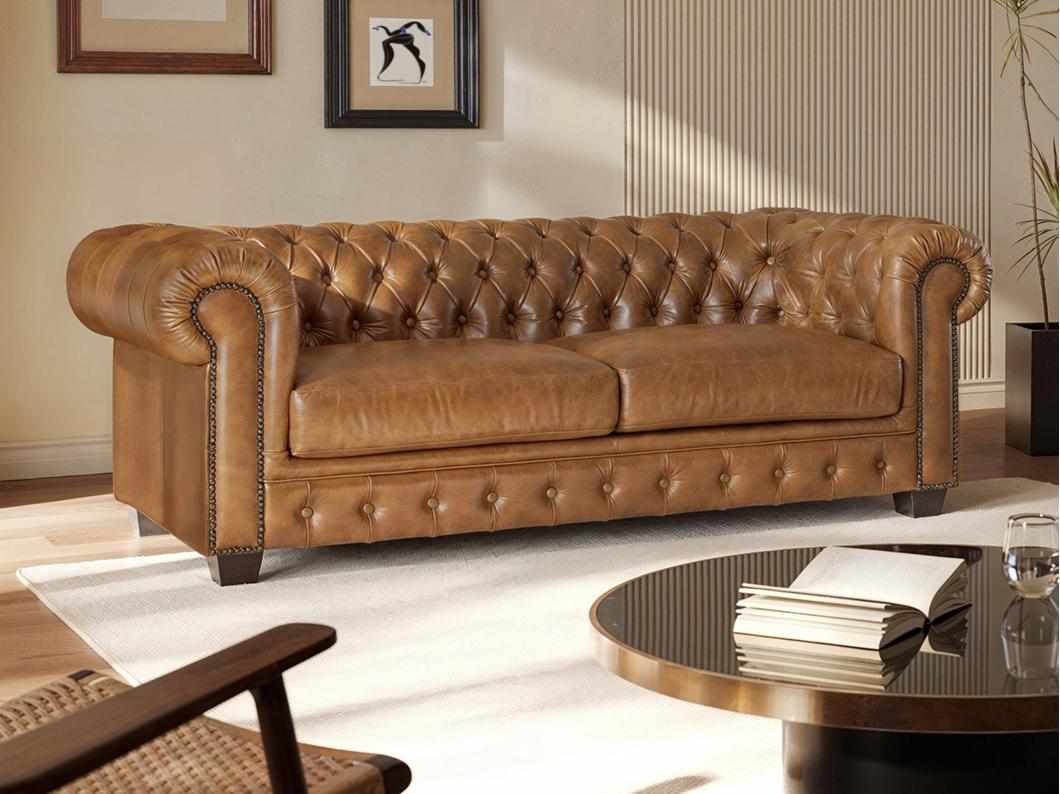 Sofá chesterfield de 3 plazas BRENTON 100% piel de búfalo - Caramelo vintage