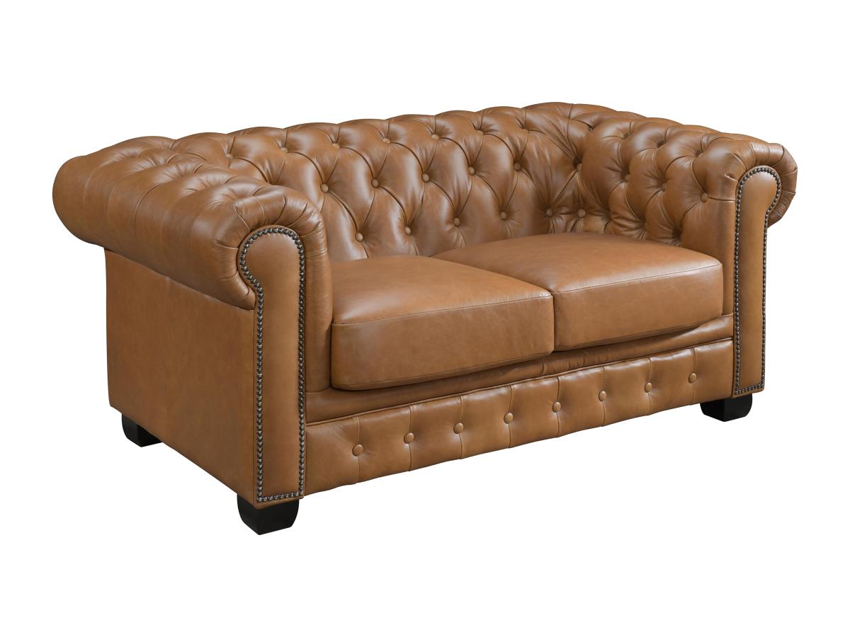 Chesterfield Ledersofa 2-Sitzer - Büffelleder - Karamellbraun - BRENTON günstig online kaufen