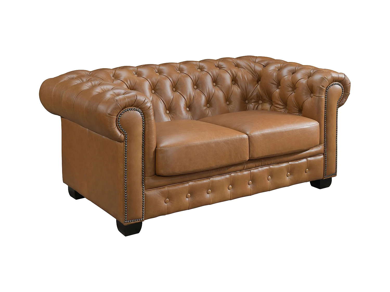 Canapé chesterfield 2 places BRENTON 100% cuir de buffle premium - Caramel vintage