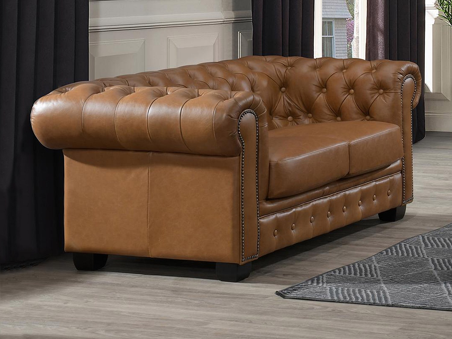 Chesterfieldsoffa 2-sits BRENTON i 100% premium buffelläder - Vintage karamell