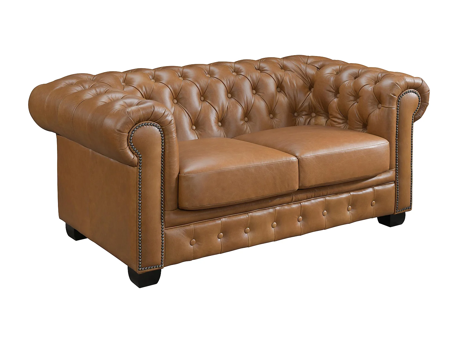 Canapé chesterfield 2 places BRENTON 100% cuir de buffle premium - Caramel vintage