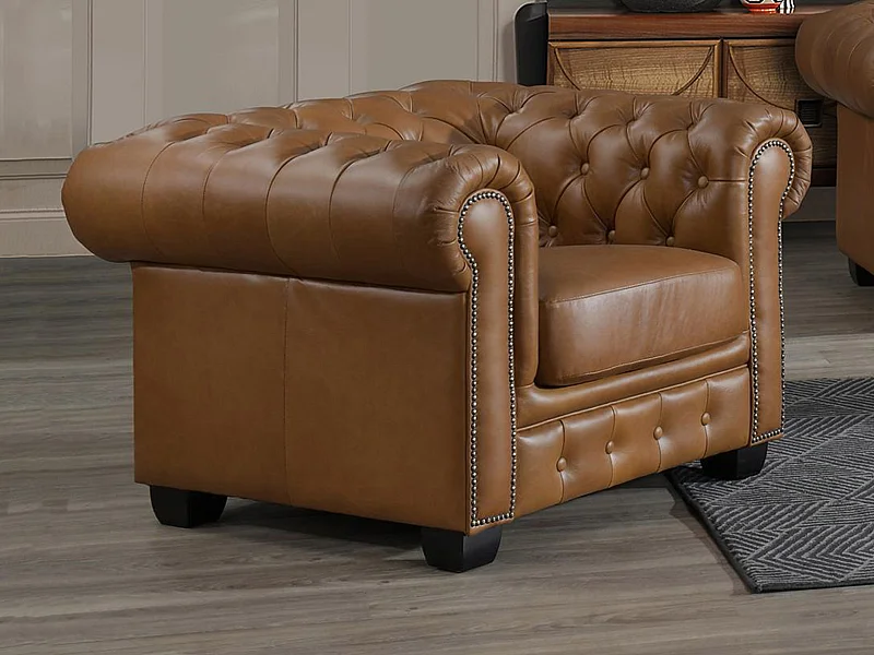 Fauteuil chesterfield BRENTON 100% cuir de buffle premium - Caramel vintage