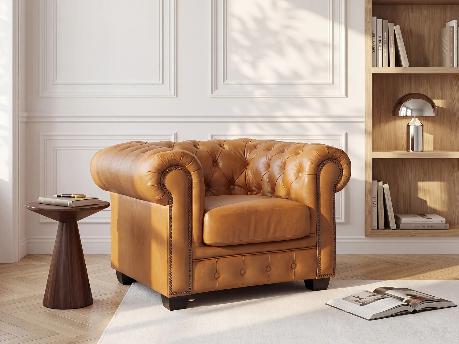 Chesterfieldsoffa 3-sits, 2-sits och fåtölj BRENTON i 100% premium buffelläder - Vintage karamell