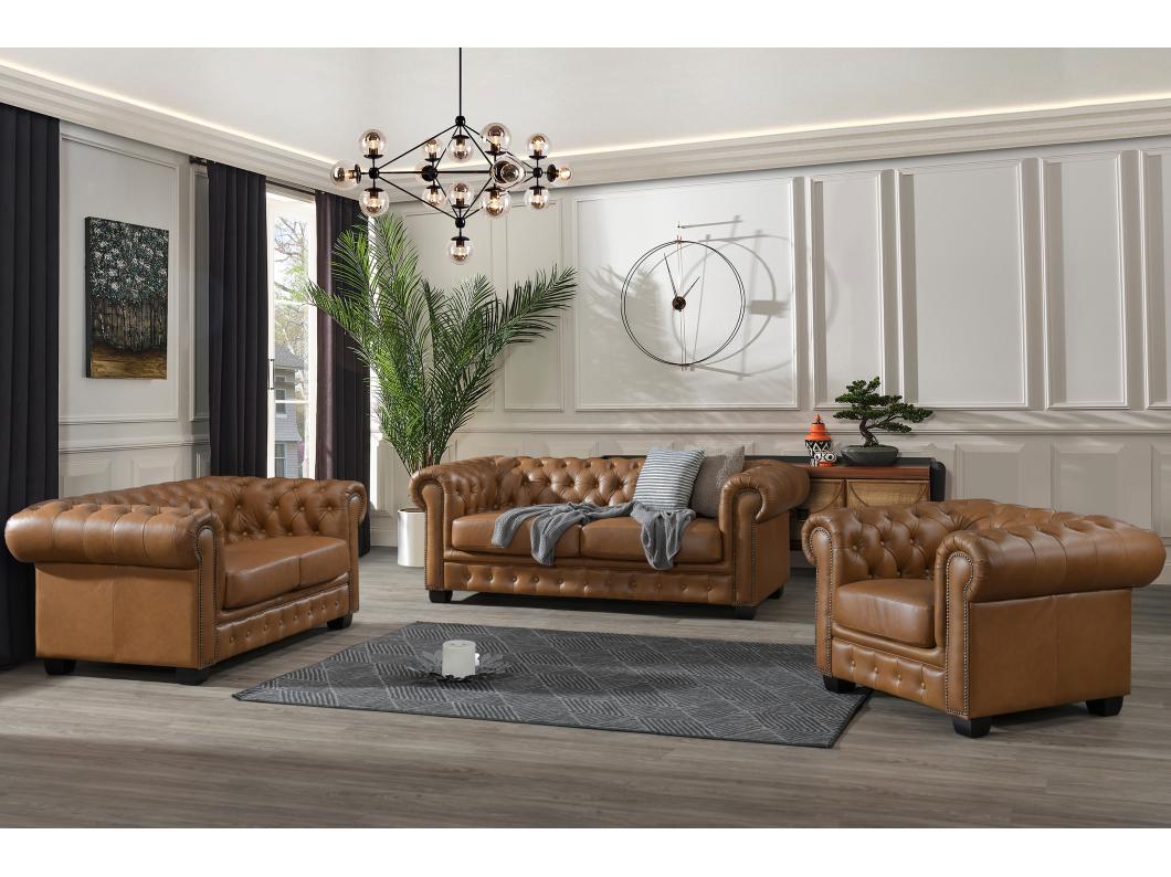 Chesterfield fauteuil BRENTON 100% buffelleer - Vintage caramel