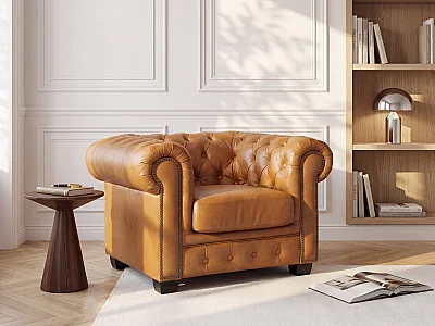 Chesterfield Ledersessel - Büffelleder - Karamellbraun - BRENTON