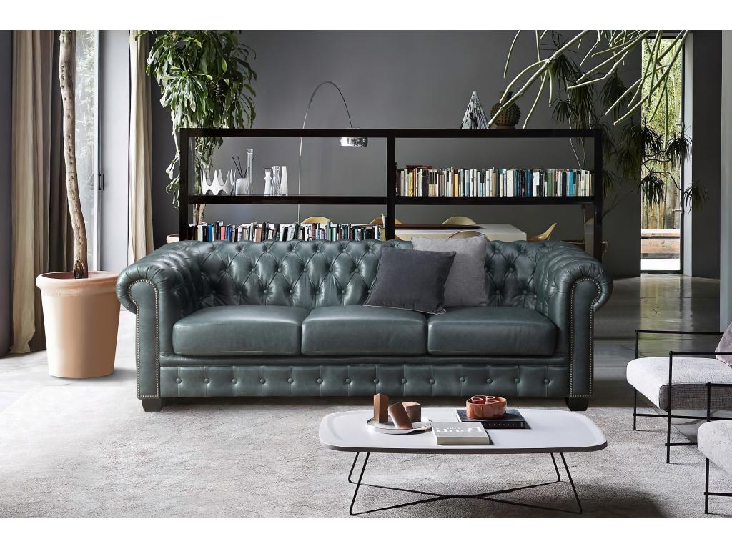 Chesterfield Ledersofa 4-Sitzer - Büffelleder - Graugrün - BRENTON günstig online kaufen