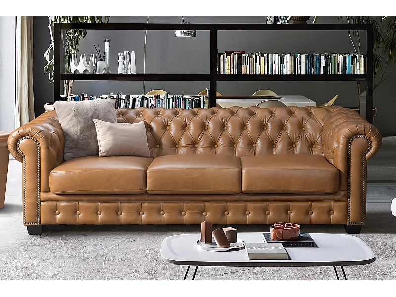 Chesterfield zitbank 4 plaatsen BRENTON 100% buffelleer - Vintage caramel