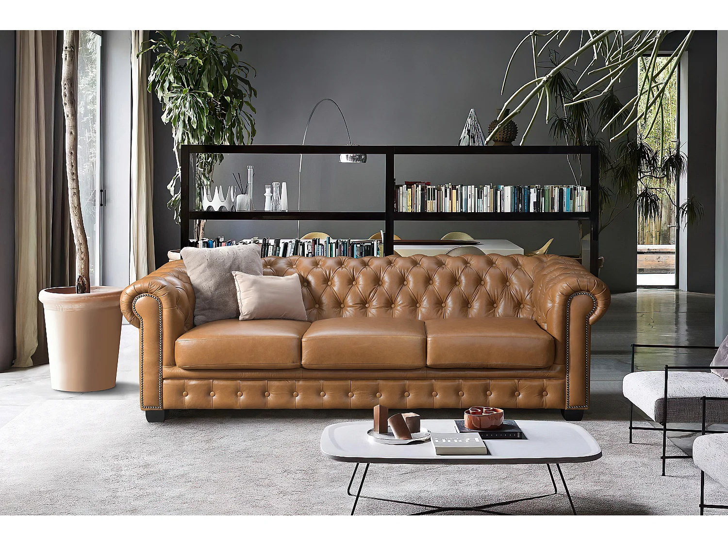 Chesterfield Ledersofa 4-Sitzer - Büffelleder - Karamellbraun - BRENTON