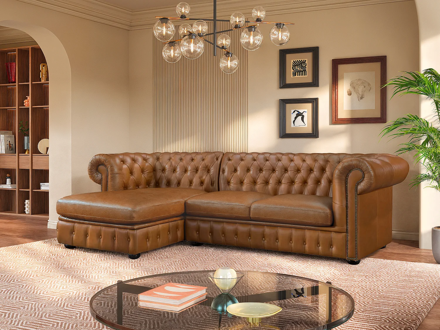 Canapé d'angle gauche chesterfield BRENTON 100% cuir de buffle premium - Caramel vintage