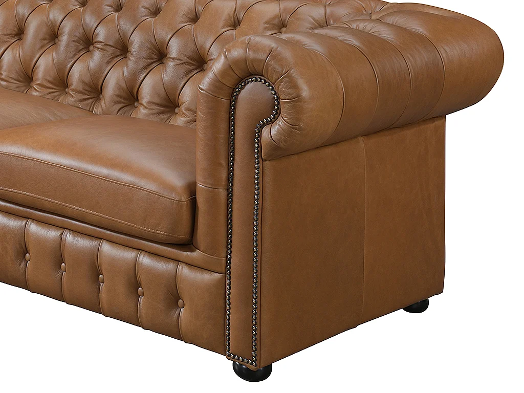 Vänstervänd chesterfieldsoffa BRENTON 100% premium buffelläder - Vintage karamell