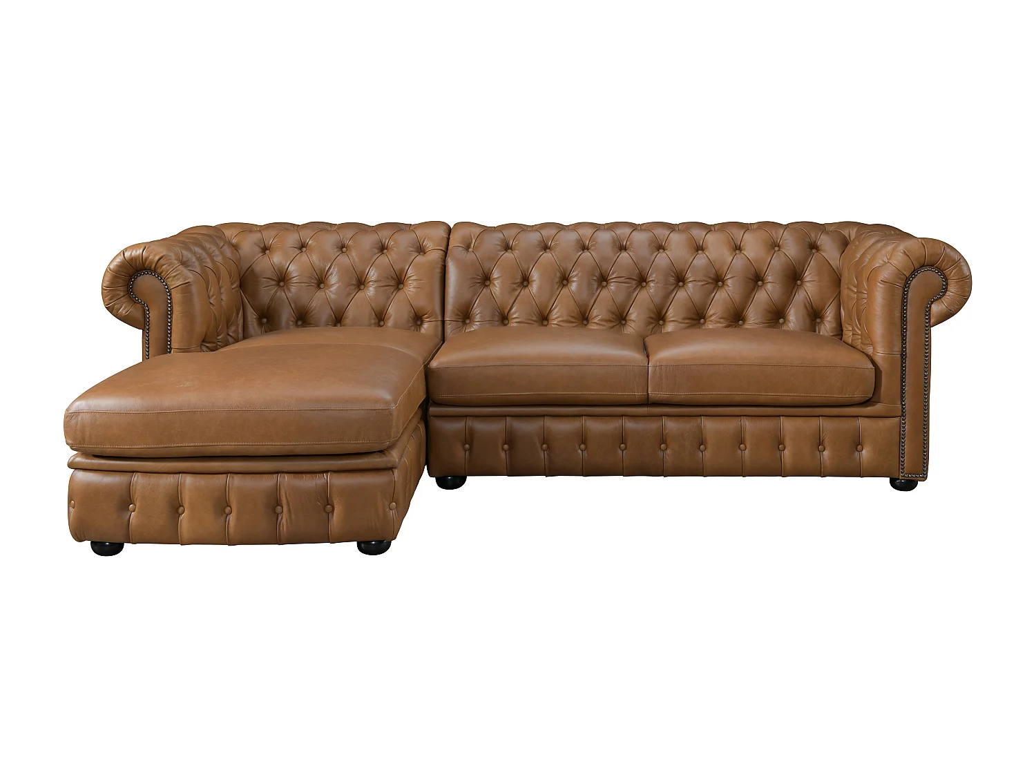 Vänstervänd chesterfieldsoffa BRENTON 100% premium buffelläder - Vintage karamell