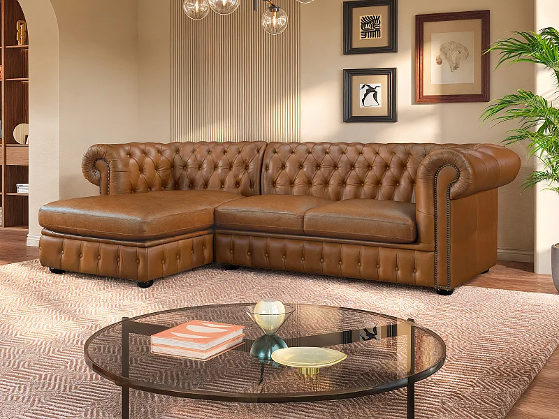 Vänstervänd chesterfieldsoffa BRENTON 100% premium buffelläder - Vintage karamell
