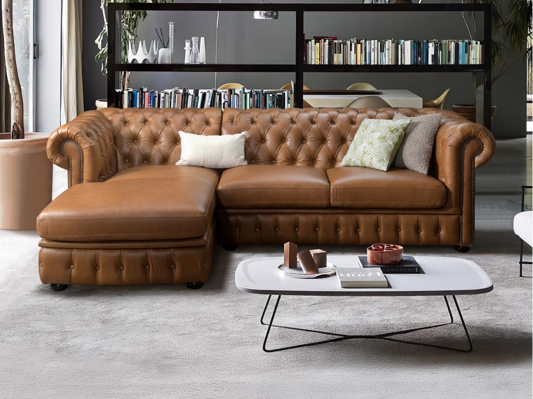 Canapé d'angle gauche chesterfield BRENTON 100% cuir de buffle premium - Caramel vintage