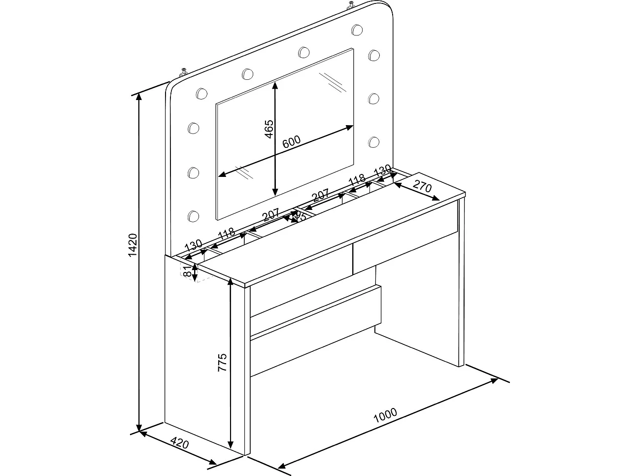 Coiffeuse JOSEPHINE - Miroir à LEDs et rangements - Blanc