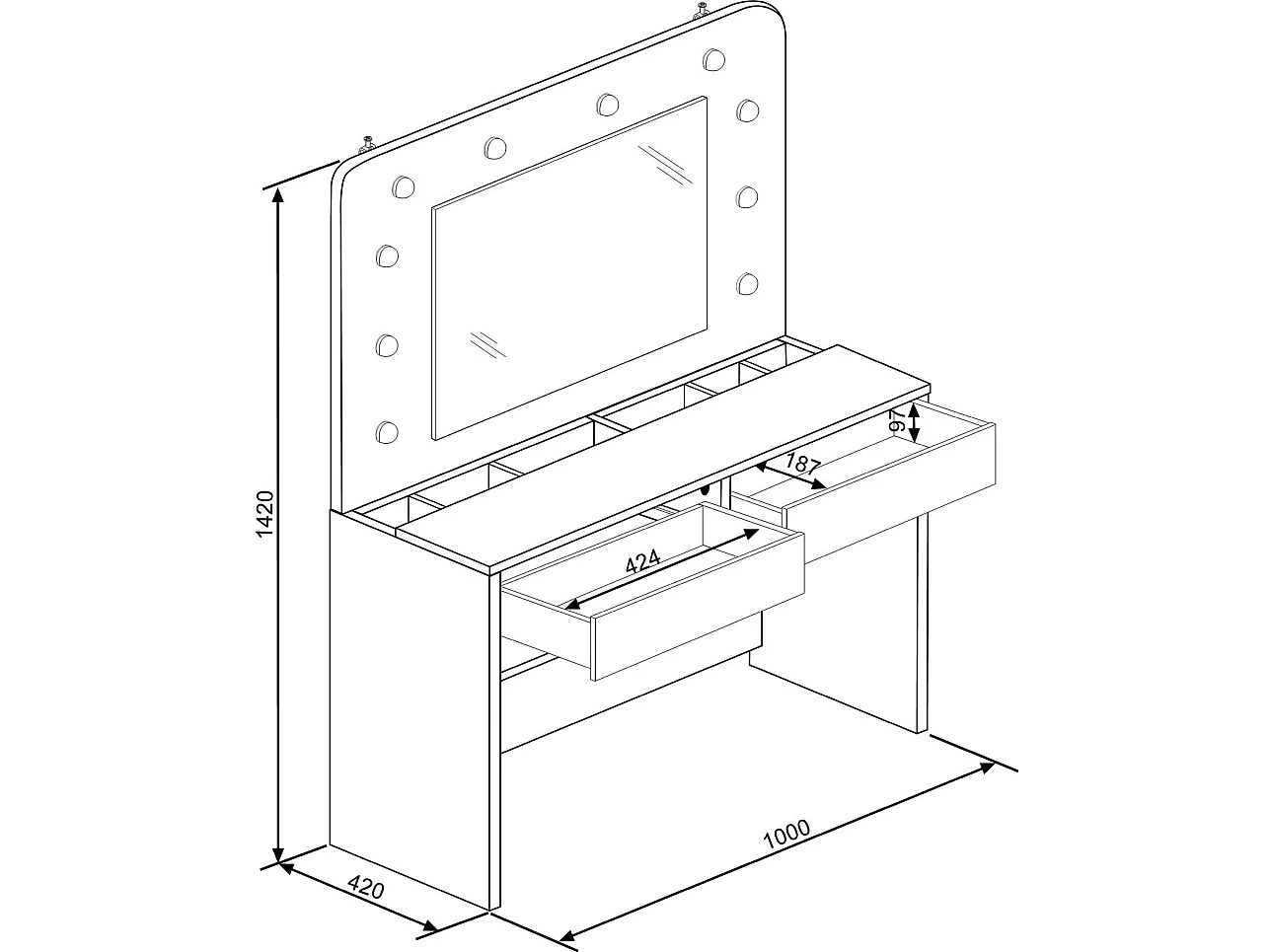 Coiffeuse JOSEPHINE - Miroir à LEDs et rangements - Blanc