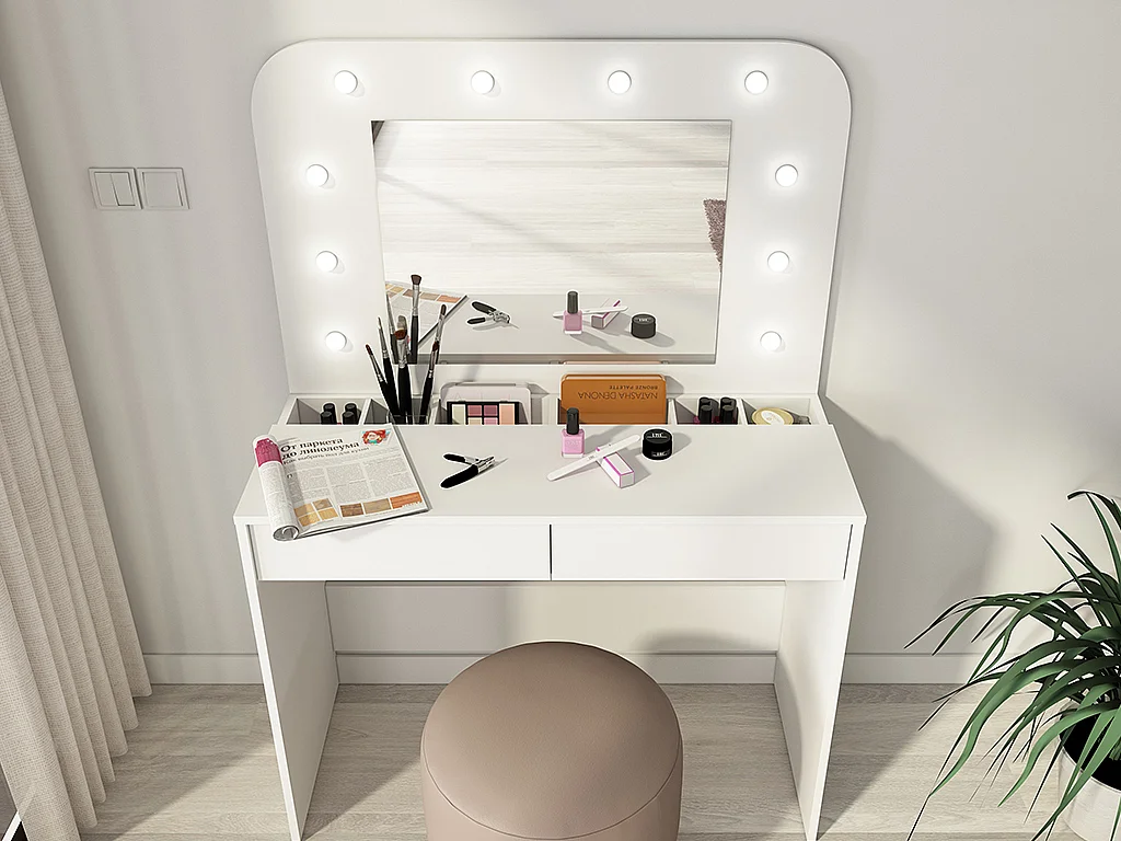 Tocador JOSEPHINE - Espejo con luces LED y compartimentos - Blanco