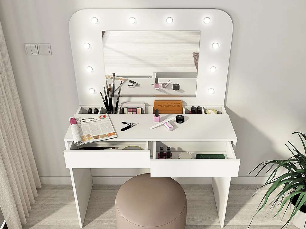 Tocador JOSEPHINE - Espejo con luces LED y compartimentos - Blanco