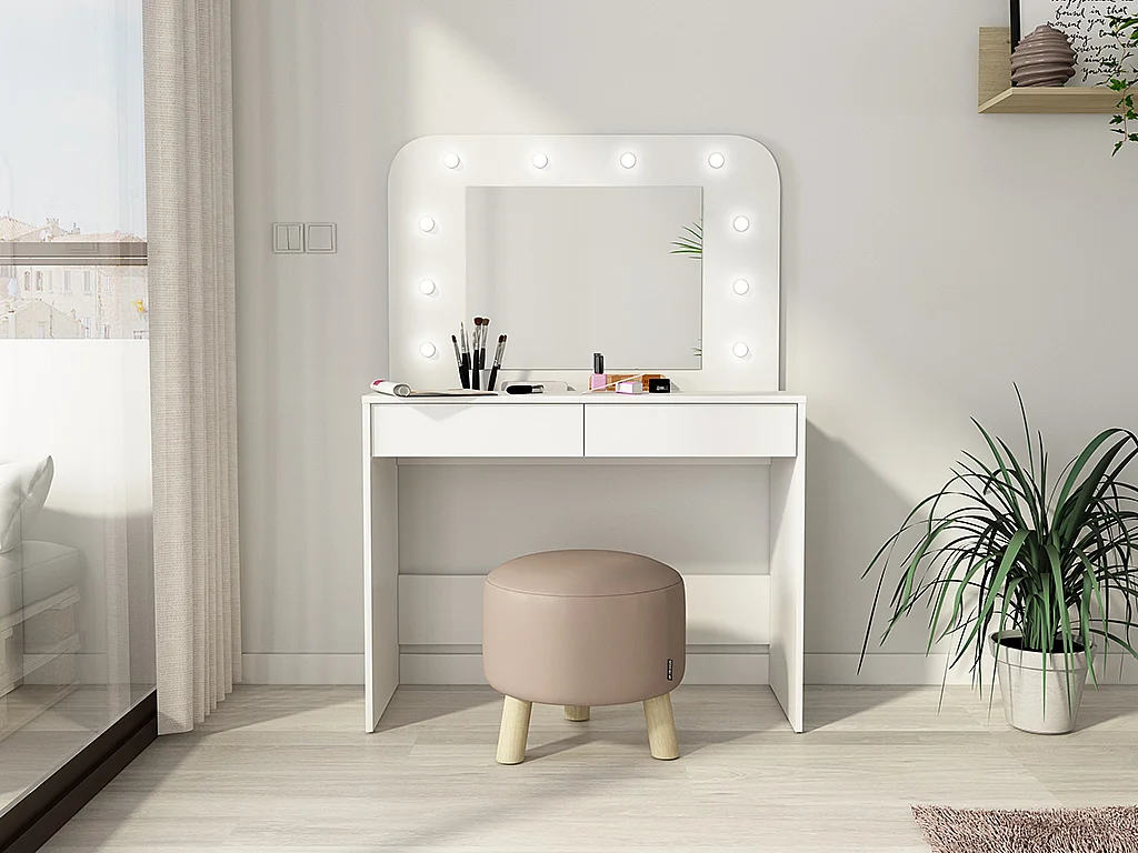 Tocador JOSEPHINE - Espejo con luces LED y compartimentos - Blanco