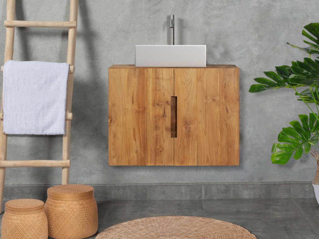 Waschbeckenunterschrank hängend - Helles Teakholz - 80 x 55 cm - SAWAN günstig online kaufen
