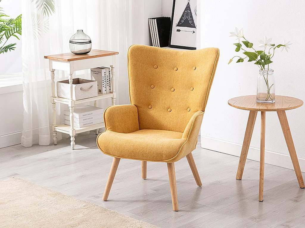 Fauteuil en tissu jaune moutarde VATELY