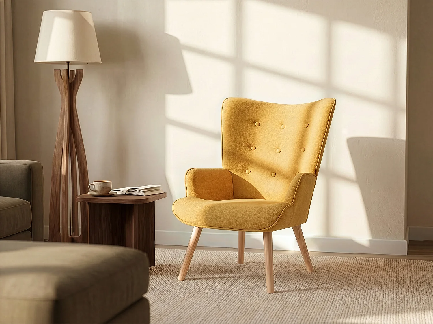Fauteuil en tissu jaune moutarde VATELY