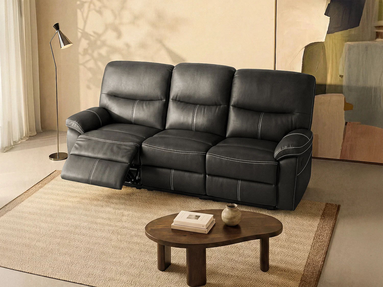 3-sits reclinersoffa i svart konstläder CANBY