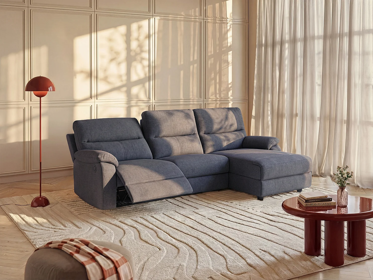 Canapé d'angle droit relax électrique en tissu gris anthracite LUNANO